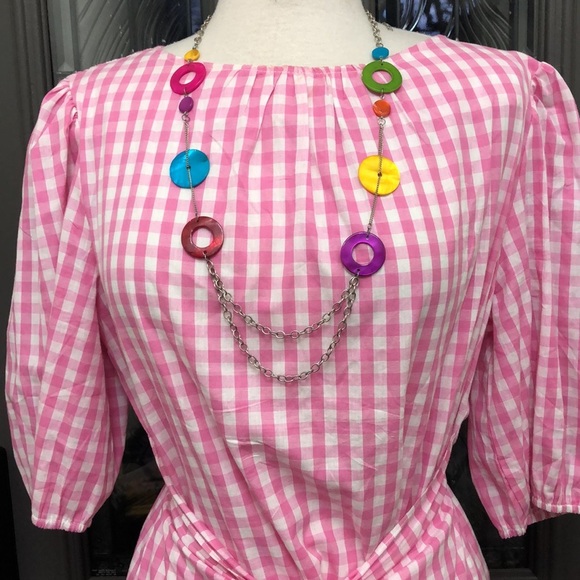 NWT Fashion- Pink Gingham Elbow Sleeves with Wrap  Waist Front/Side Tie Dress - Picture 3 of 10